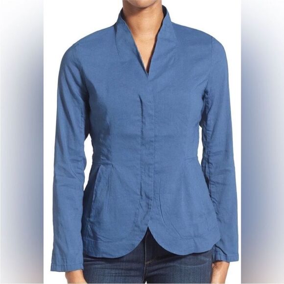 Eileen Fisher NWT Stand Collar Zip Front Organic Linen Blend Jacket Blue Large - Picture 4 of 16